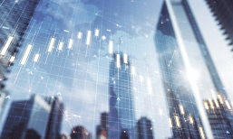 city buildings with stock ticks